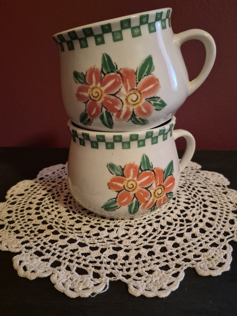Pair of Floral Ceramic Mugs with Green Checkered Trim